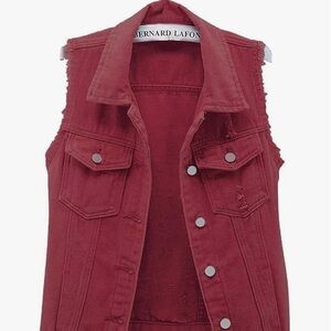Wine Red Denim Sleeveless Jacket